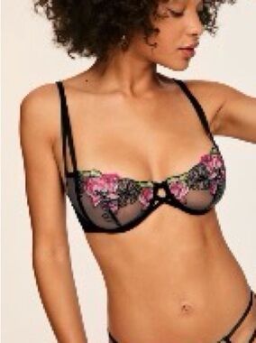34DD Sheer Unlined Floral Embroidered Underwire Bra - Black and Pink